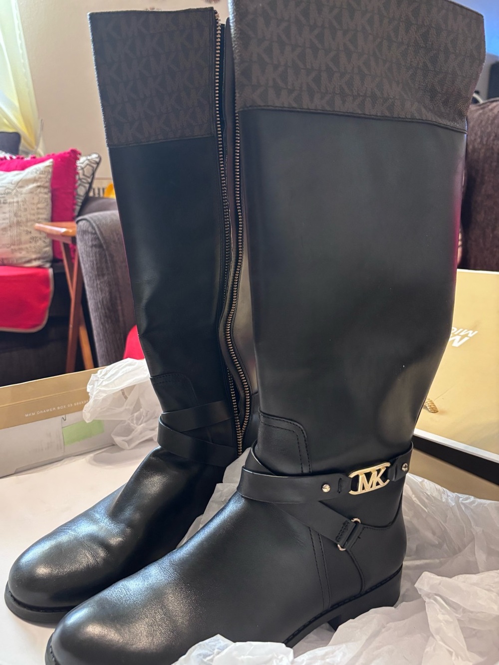 Michael Kors Black Leather Over-the-Knee Logo Strap Boots